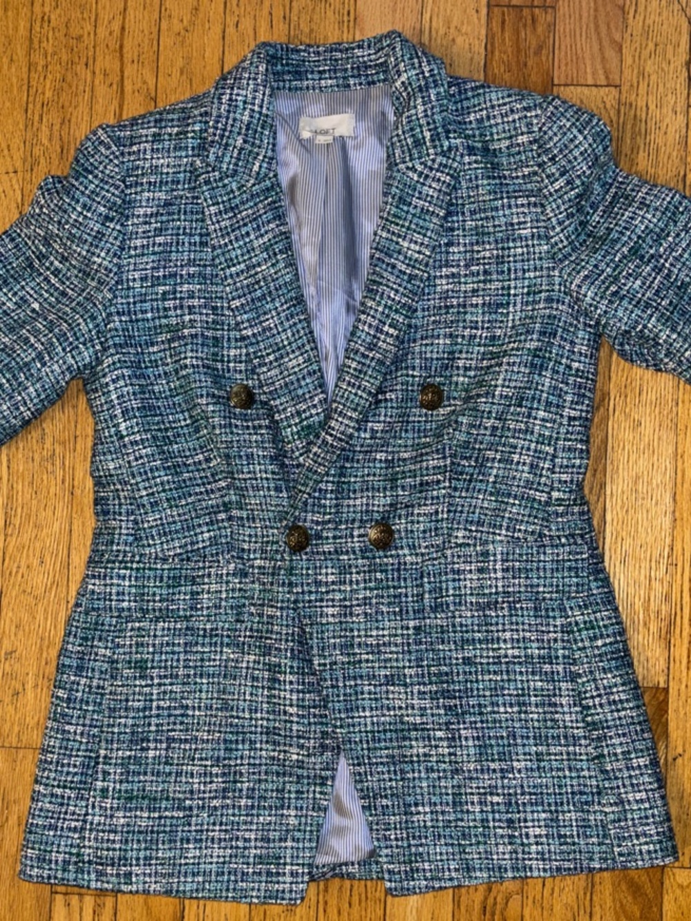 LOFT Tweed Double Breasted Blazer - Blue-Green - 0/Small